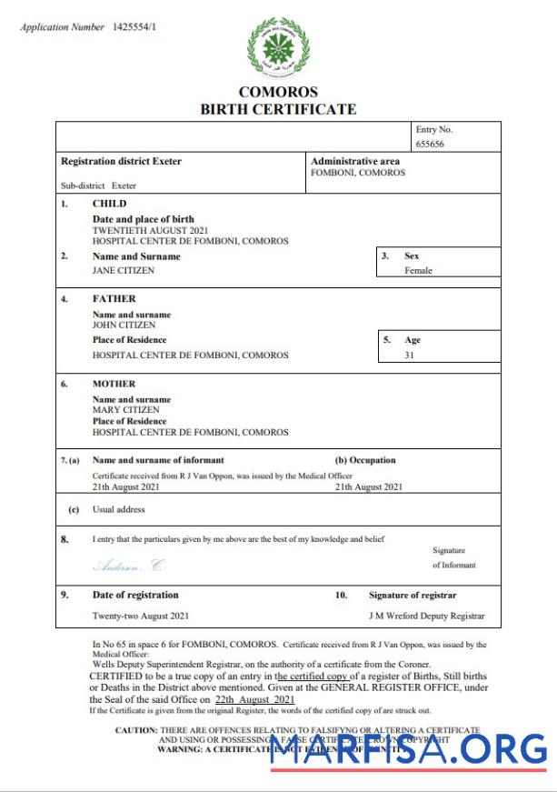 Realistic Comoros birth certificate Word and PDF template